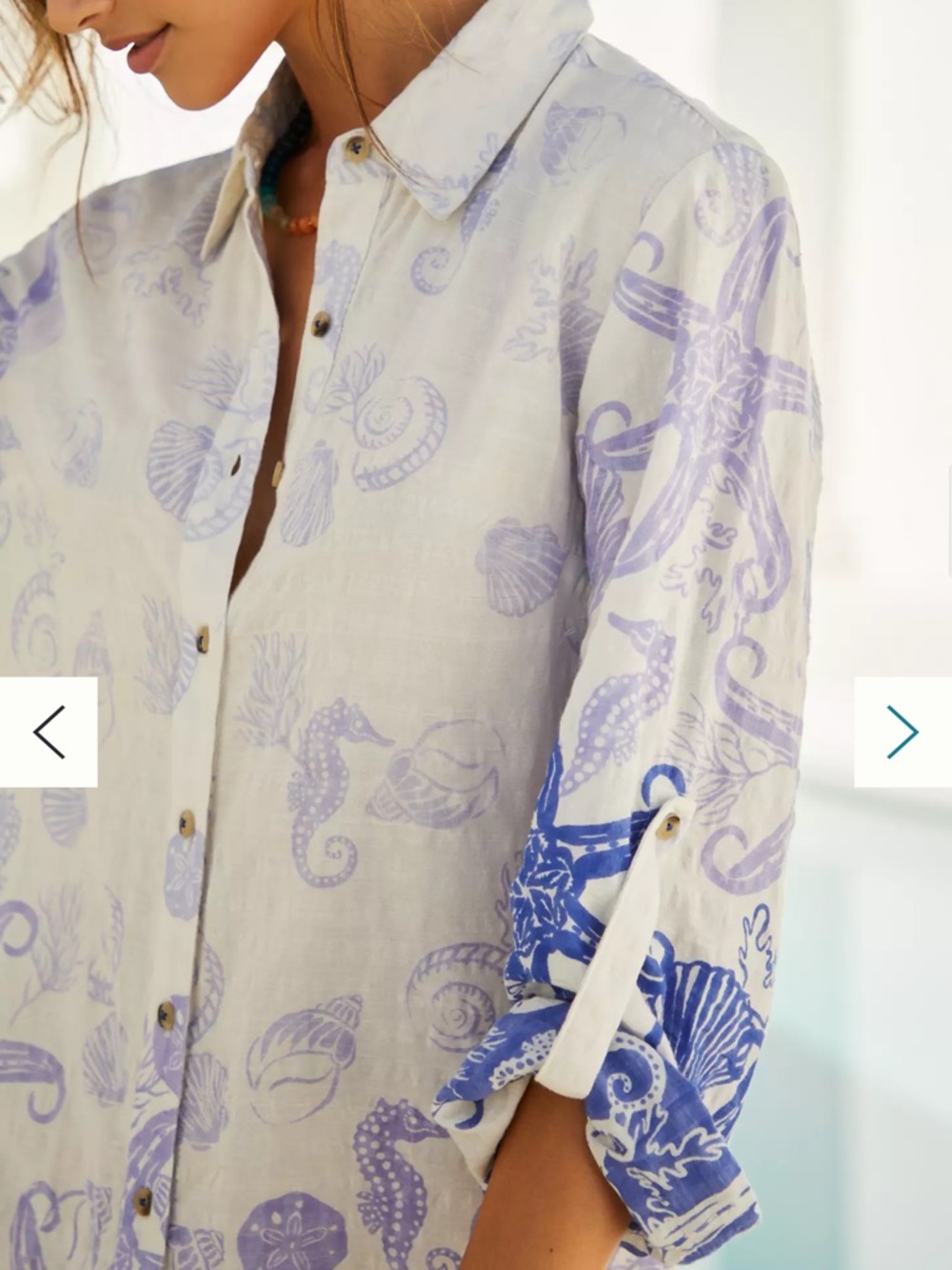 By Anthropologie Shell-Print Button Front Dress in White and Light Blue Small - Picture 3 of 13